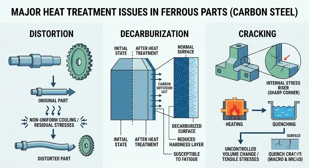 distortion, decarburization, and cracking